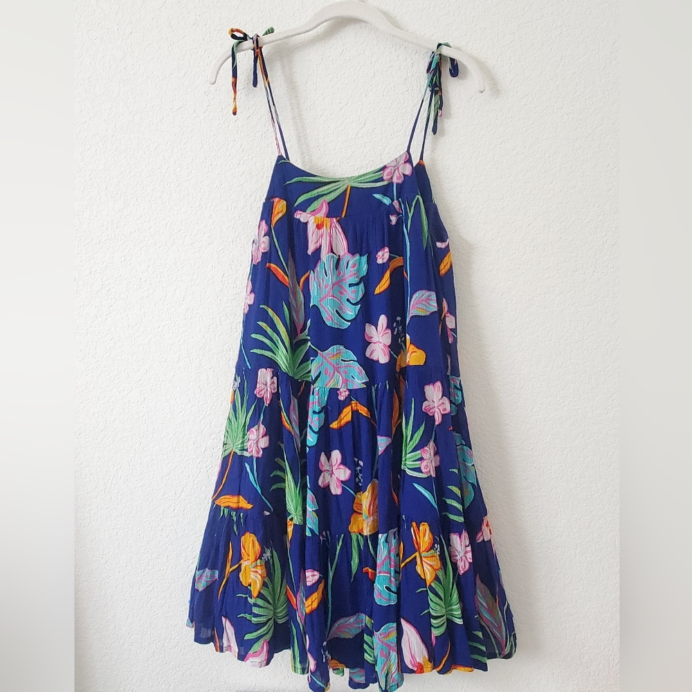 Tori Richard Tropical Floral Print Light Gauze Crinkle Tie Shoulders Dress XS - Picture 2 of 11
